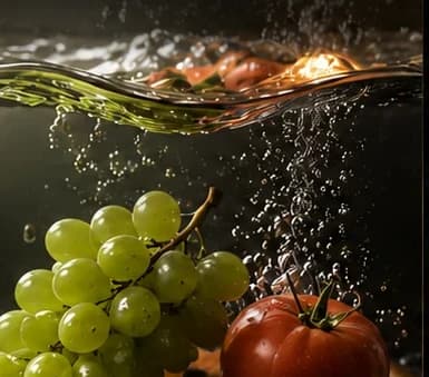 Grapes and a tomato under warm water