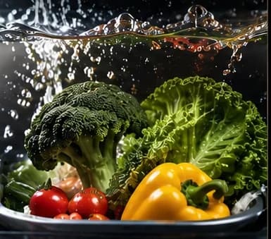 Broccoli, lettuce and peppers rinsed in a bowl