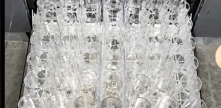 A dense rack of glasses after a DWID3 wash, every one clear